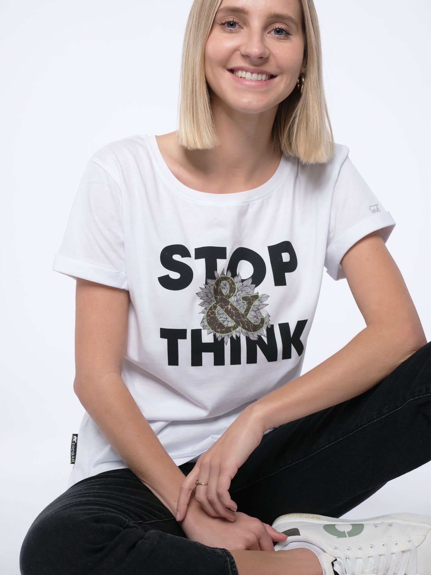 Damen T-Shirt STOPPEN & DENKEN (weiß)