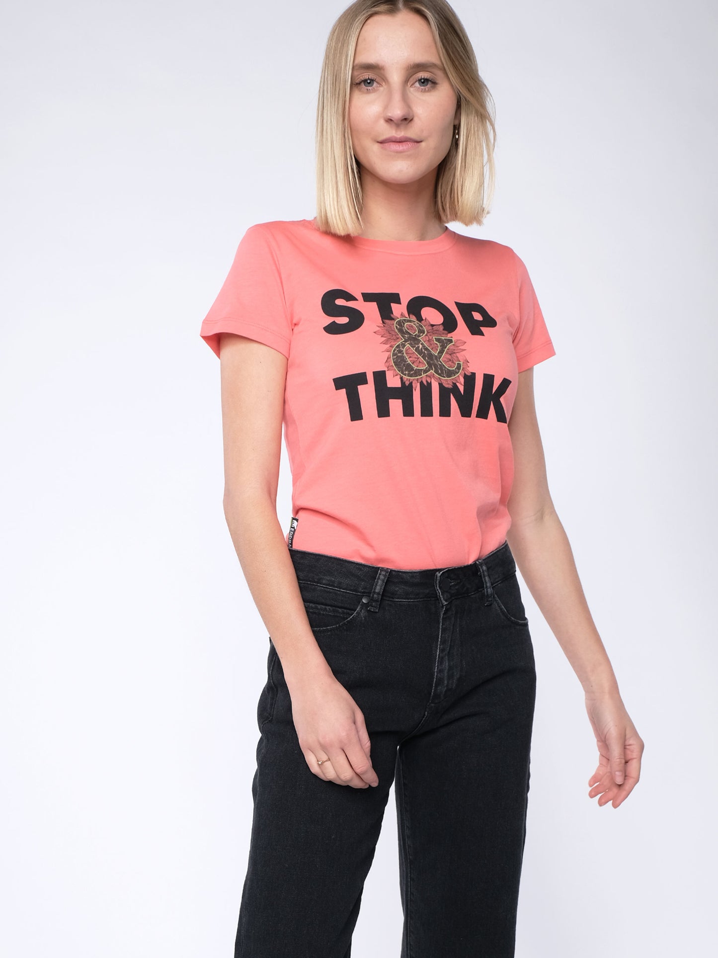 Damen T-Shirt STOPPEN & DENKEN (pfirsich)