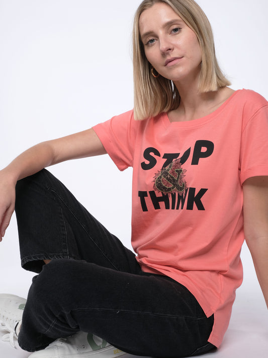 Damen T-Shirt STOPPEN & DENKEN (pfirsich)