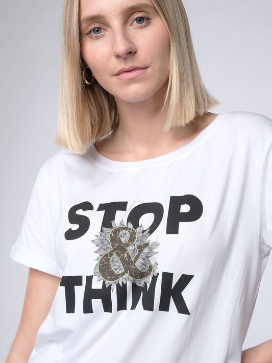 Damen T-Shirt STOPPEN & DENKEN (weiß)